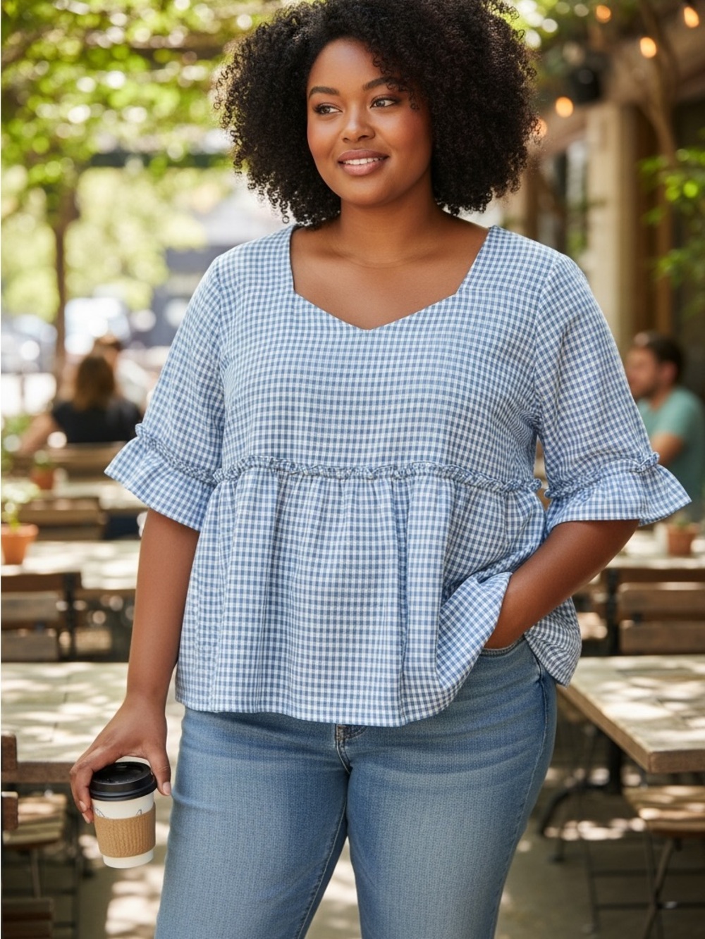 Blue Gingham V-Neck Peplum Top